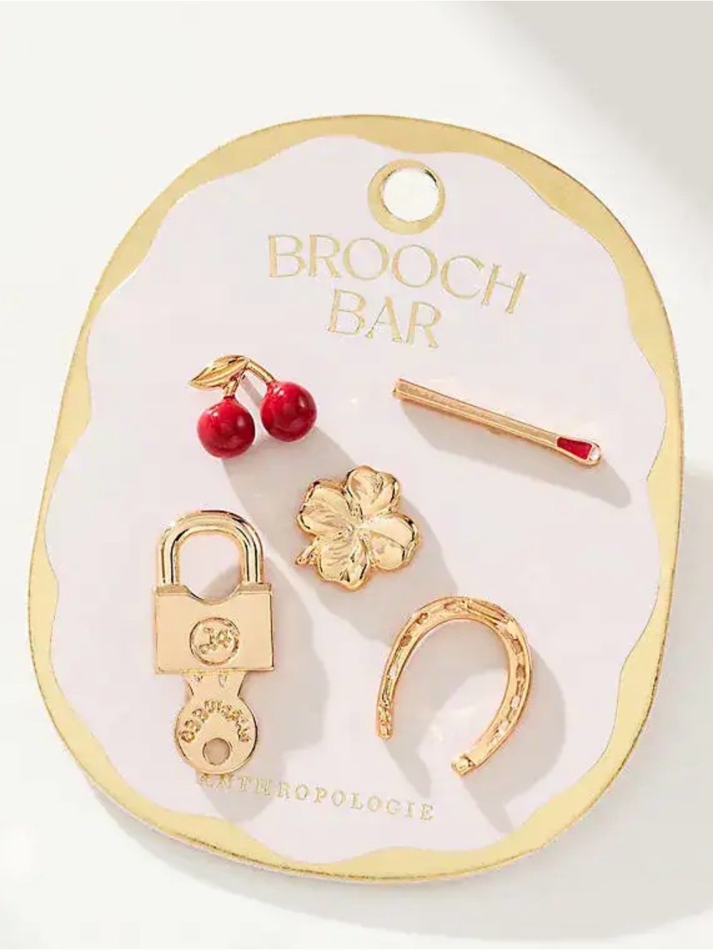 Anthropologie Assorted Mini Brooches Set of 5 Gold Plated Lucky Icons New